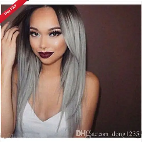 

Free shipping Quality Fashion Picture full lace High wigs>>Long Straight Hair Brown To Grey Heat Resistant Fiber Synthetic Cospl