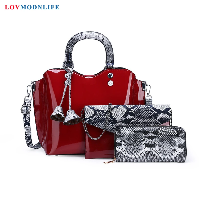 

Patent Leather Women Handbags 3 Sets Luxury Brands Tote Bag Ladies Shoulder Bag Snake Print Clutch Messenger Bags Bolsa Feminina