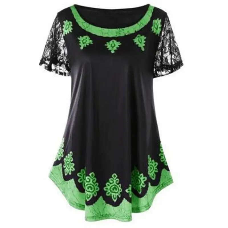 

Casual Women T-Shirts Lace Stitching Short Sleeve Plus Size T Shirt Women Summer Top O-Neck Irregular Hem Tees Shirts WS8854M