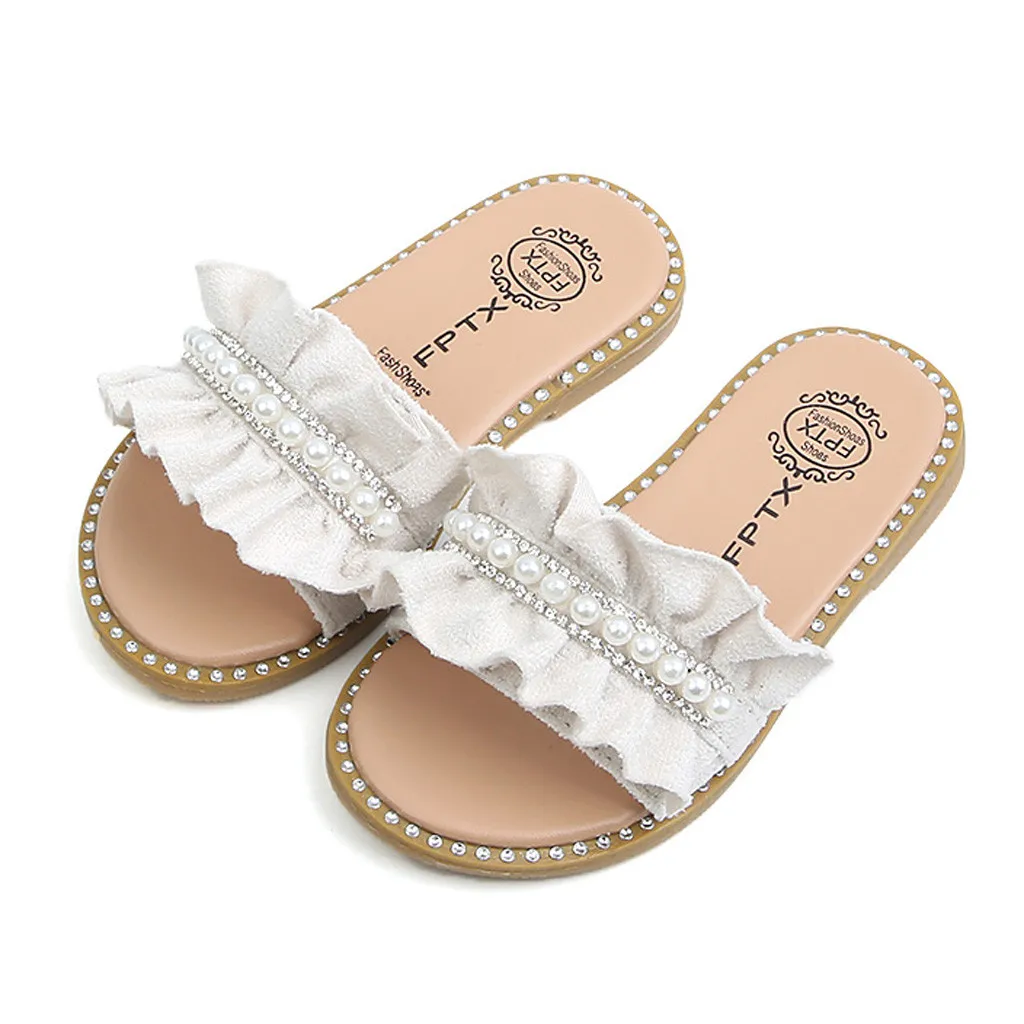 Kids Sandals Toddler Baby Girls Sandals Pearls Crystal Ruffles Princess Shoes Slippers Comfortable Casual Summer Shoes