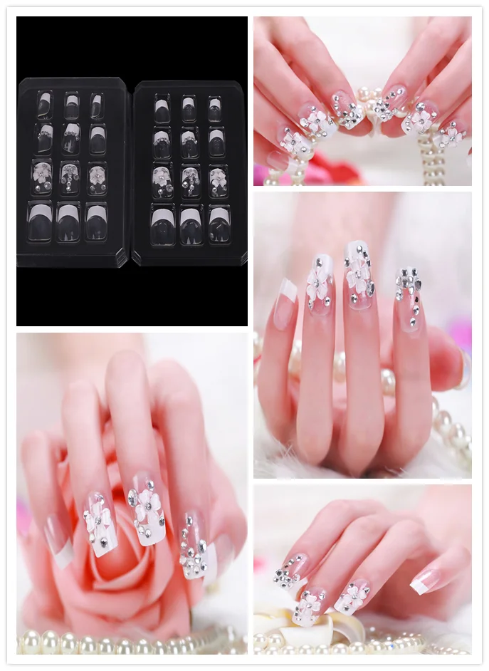 

1set Bride Self -Sticker False Nails Full Cover Crystal Flower Fake Nail Art Lady Nail Tips False Nail Patch Manicure Tool