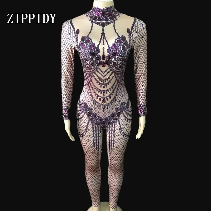 

Purple Shining Crystals Jumpsuit Fashion Stage Dance Outfit Birthday Prom Bodysuit Show Female Singer Show Stage Rompers