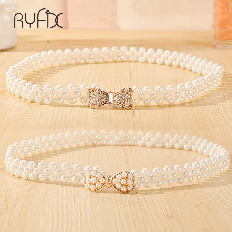 

2019 New Fashion Small Gold Buckle Inlaying Imitation Pearl Elastic Belts For Women dress bowknot decoration Female Strap BL243