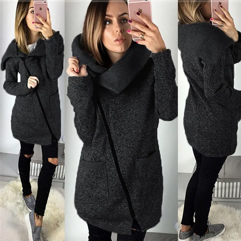2019 autumn and winter plus size woman long coat cotton casual pockets zppers solid turn-down collar slim sheath female coat