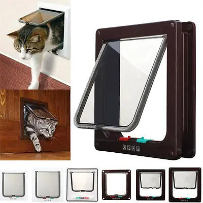 

4 Way Lockable Pet Flap Door For Large Medium Small Size Dog Cat White/Coffee