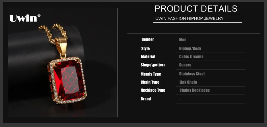 UWIN нержавеющая сталь Iced циркониевый камень кубической формы ожерелье черный/зеленый/красный квадратный кулон цепи мужские высококачественные ювелирные изделия Хип-хоп