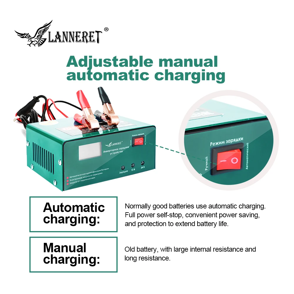  LANNERET 12V/24V Automatic Charger Intelligent Pulse Repair 6AH-105AH for Smart Car Motorcycle LED  - 33018733800