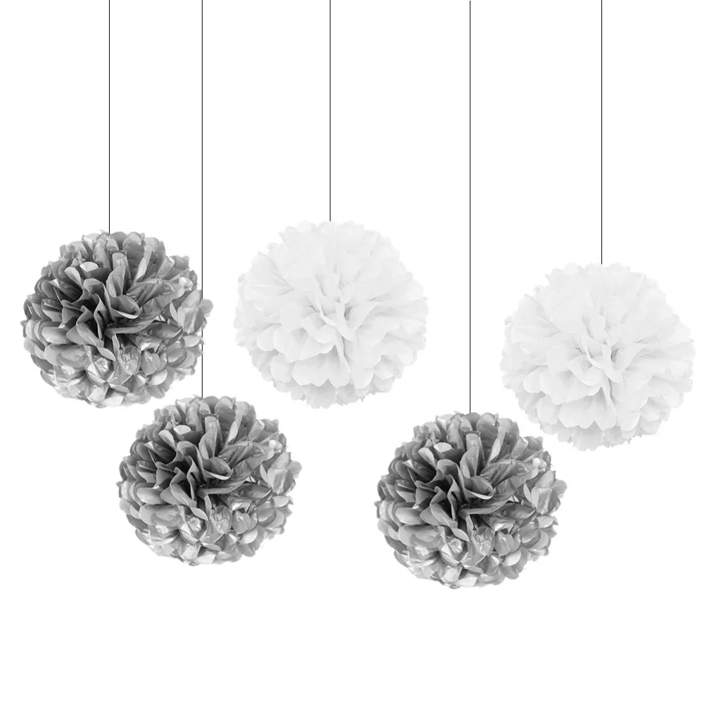 

5pcs 15cm Silver White Party Decorations Tissue Paper Pom Poms Flower Balls Hanging Decoration Party Birthday Wedding DIY Decor