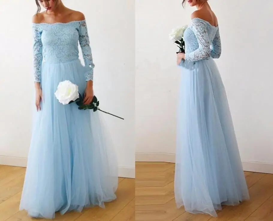 0112019 Light Sky Blue Off Shoulder Long Bridesmaid Dresses with Long Sleeve Full length Maid of Honor Junior Wedding Guest Party