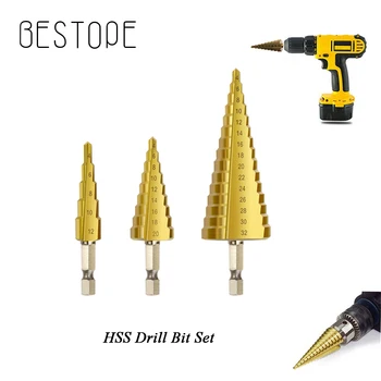 

Step Drill Bit HSS Steel Cone Titanium Coated Mini Drill Bit Tool Set Hole Cutter 3-12mm 4-12/20/22/32mm S2 drill bit