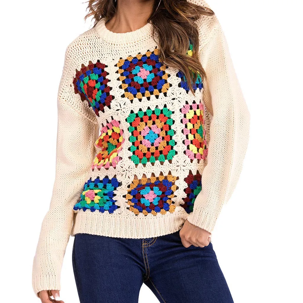 Sweater Women Casual Long Sleeve Korean Style Women O-Neck Print Hollow Out Pullovers Sweater Knit Sweater Casaco Feminino #T30G