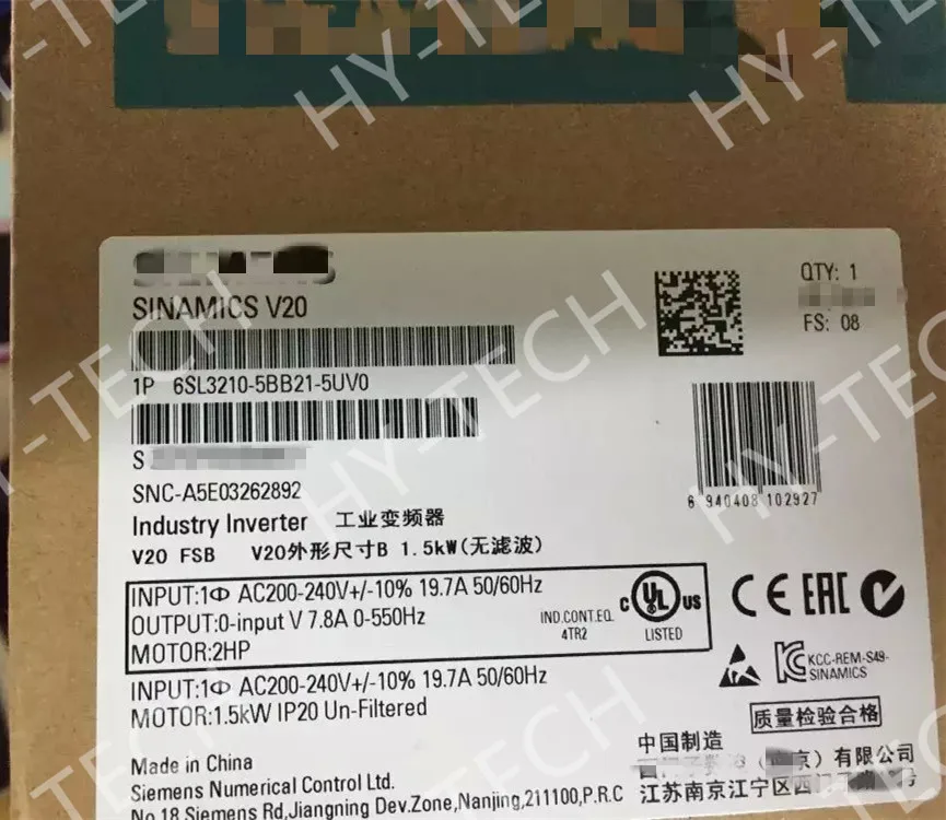 

6SL3210-5BB21-5UV0 SINAMICS V20 1.5KW 1AC 220V without filter 6SL32105BB215UV0 New and Original
