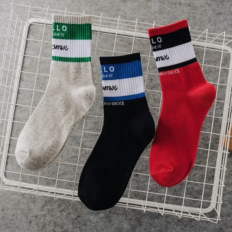 Корейские модные забавные мужские носки в полоску с надписями в стиле Харадзюку высокого качества черного, красного и серого цвета, мужские милые повседневные хлопковые носки в стиле хип-хоп на осень и зиму