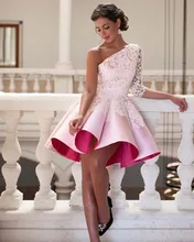 Elegante Kurze Kleid Ballkleid Eine Schulter Halbes Hülsen Rosa Cocktailkleid Appliques Spitze Partykleider
