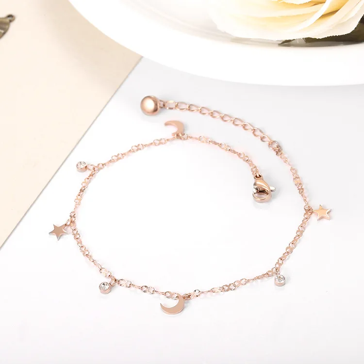 

New Listing Fashion Star Moon With Cubic Zirconia Anklets For Women Titanium Steel Rose Gold Bohemia Beach Anklet Jewelry BXSJ12