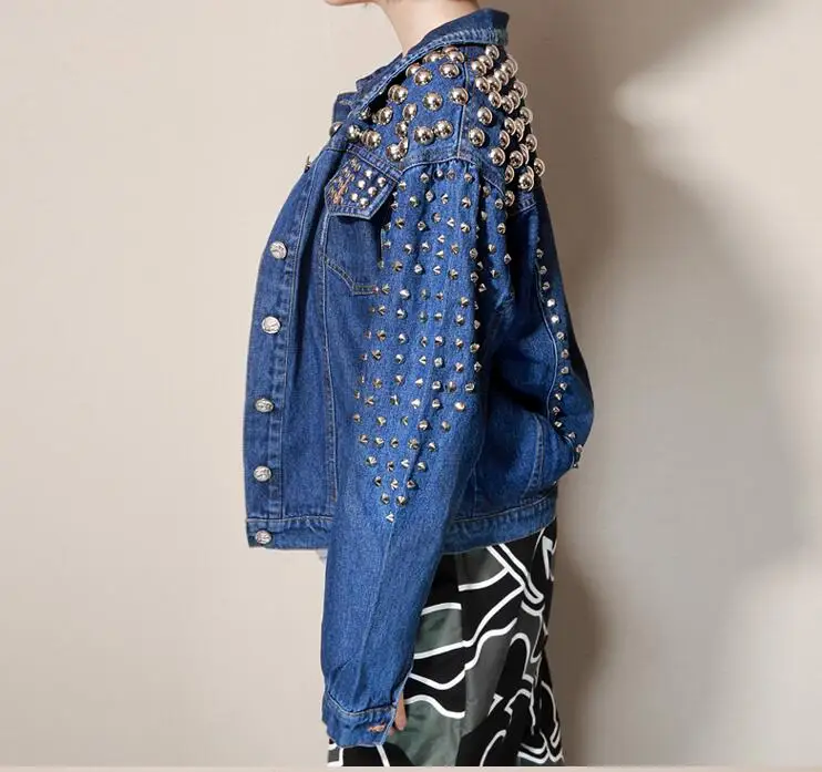 Women's blue denim metal rivet jacket lady's punk style outwear rivet