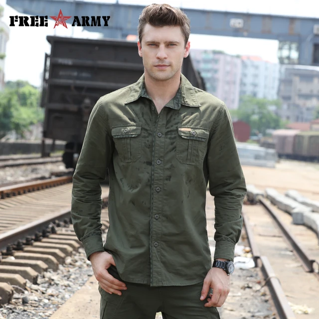 Camisa verde militar Primavera Verano otoño camisas Casual ropa de hombre botones de