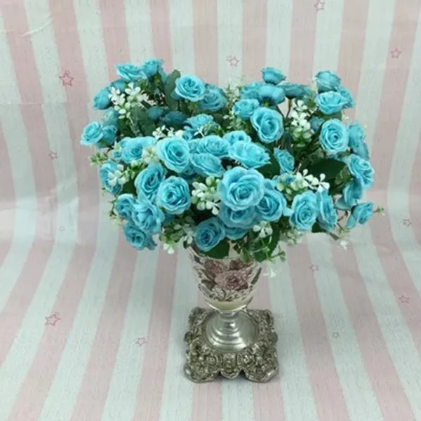 1 букет, 15 цветов, искусственная Роза, высокое качество, цветной Шелковый цветок для свадьбы, офиса, украшения дома - Цвет: Blue