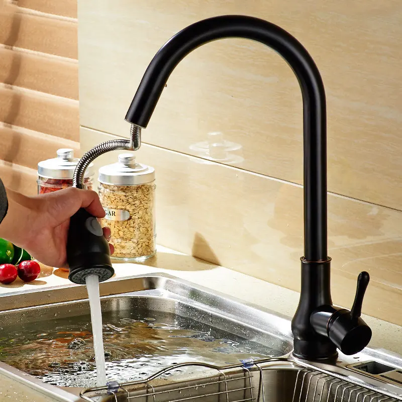 Kitchen Sink Faucets Total Brass Pull Out/Down Mixer Taps Single Handle Hot & Cold Chrome/Black Rotating Kitchen Crane Faucets Kitchen Sink Faucets Total Brass Pull Out/Down Mixer Taps Single Handle Hot & Cold Chrome/Black Rotating Kitchen Crane Faucets