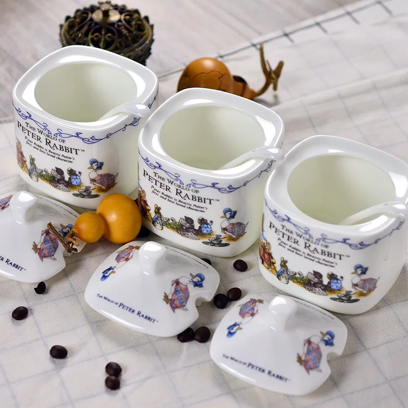 

Bone China Peter Rabbit Suikerpot Sugar Bowl Lid Spoon Saltcellar Seasoning Box Flavor Pot Monosodium Glutamate Pote De Vidro