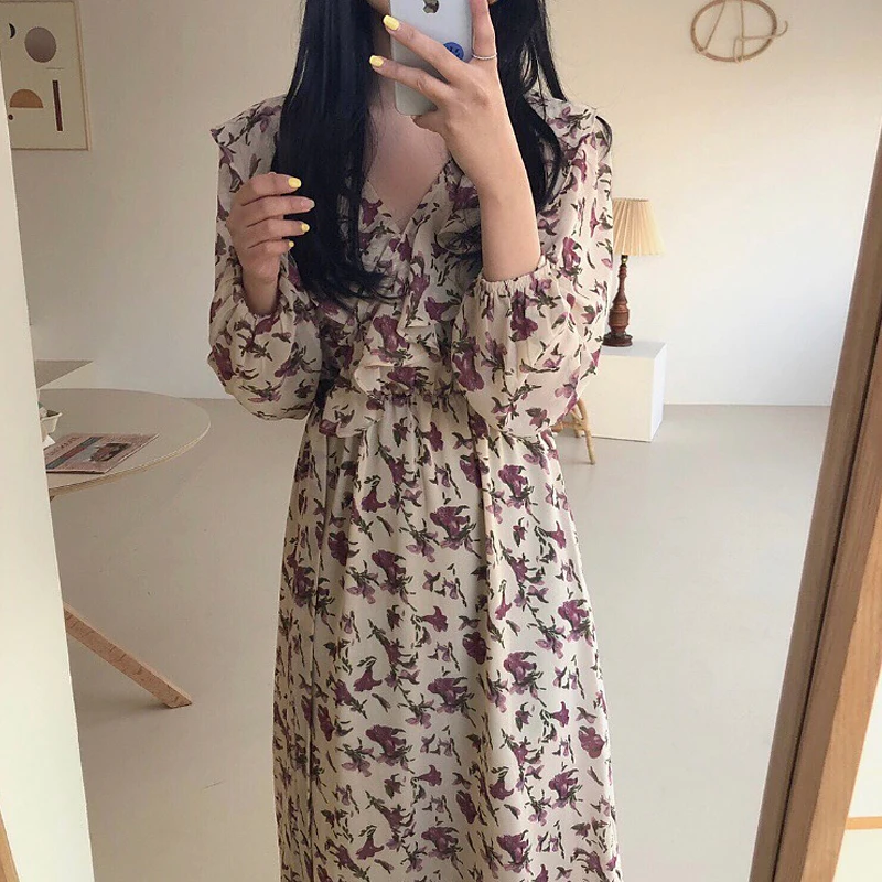 Женские платья Ins Girl Kawaii Ulzzang шикарное Плиссированное Цветочное платье с длинным