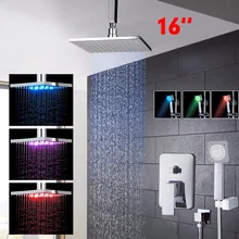 LED 16 Inch Brass Chrome Polished Shower Set Square Head Shower Hand Shower Rainfall Wall Ceiling Mounted