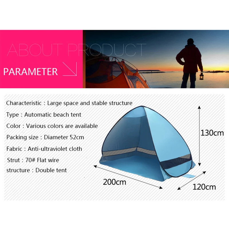 200X120X130 سنتيمتر التلقائي خيمة للشاطئ ل 2 أشخاص السباحة المشي خيام التخييم الأشعة فوق البنفسجية الوقاية طوي سهولة الحمل الشمس المأوى