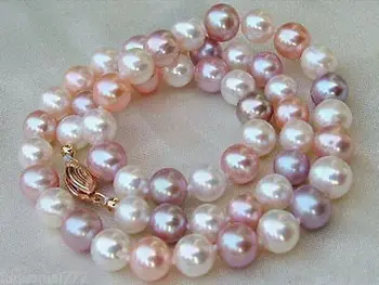 

AAA 8-9 MM white purple pink SOUTH SEA Multicolor PEARL NECKLACE 18" 14k