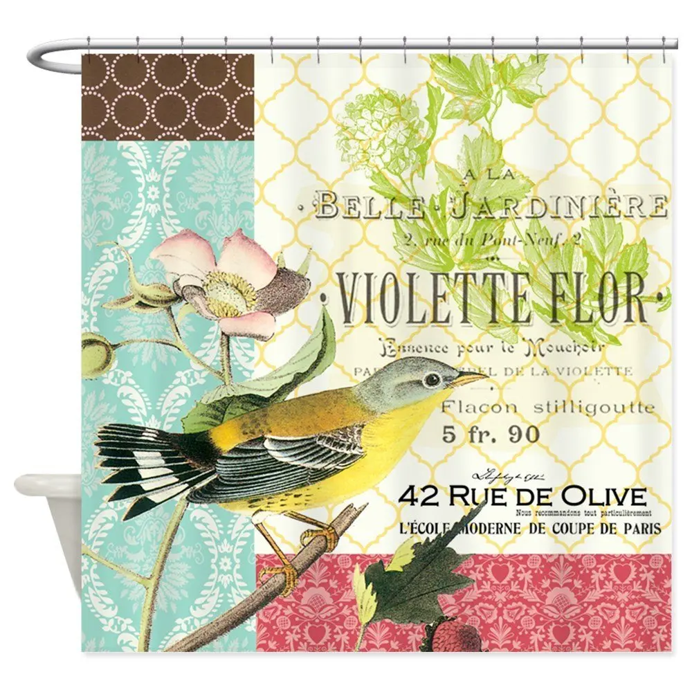 Modern Vintage French bird collage Shower Curtain Decorative Fabric
