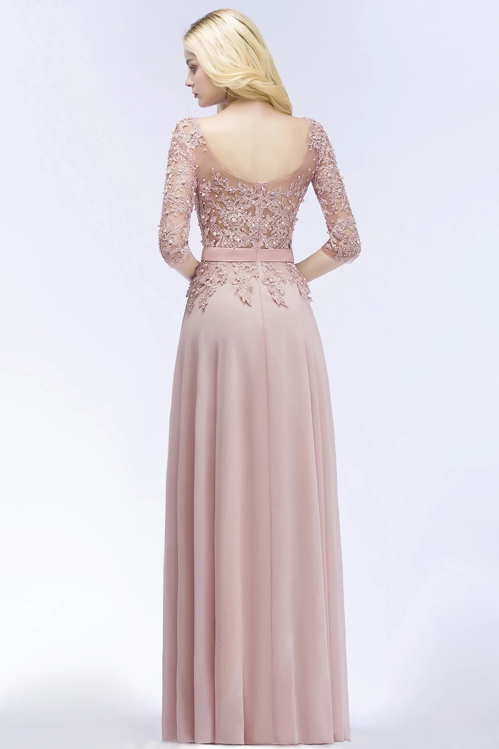 Vestido de festa longo Dust Pink 3/4 рукава кружевные аппликации из бисера Вечерние платья Формальные Выпускные платья с поясом