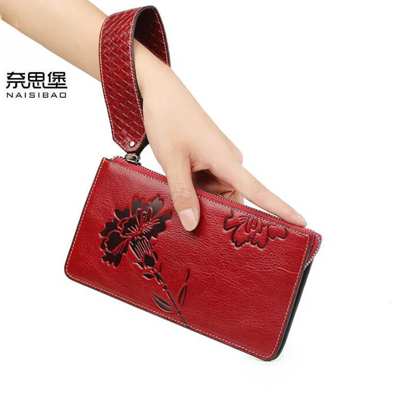 

NAISIBAO New women genuine leather bag designer brands zipper wallets fashion embossing long women wallets leather clutch bags
