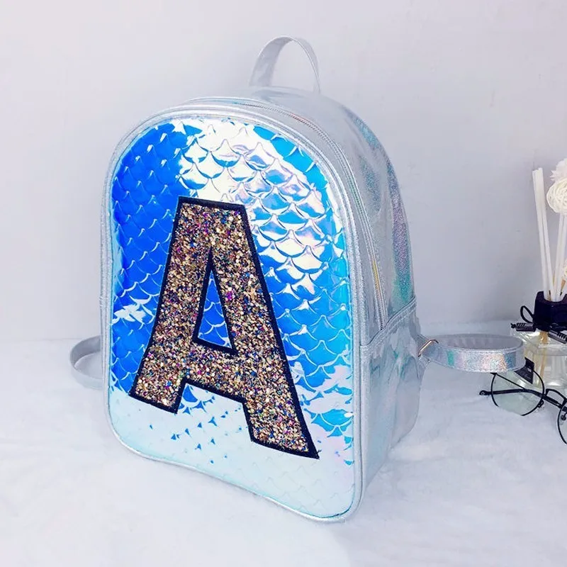 

Brand Fashion Hologram Laser Backpack A font Women Leather Holographic Fish scales Backpack College Girls School Bag