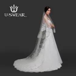U-SWEAR 2018 Лидер продаж для женщин фаты аппликация блесток цветок мягкий белый кружево собор вуаль Свадебные вуали свадебная фата платье