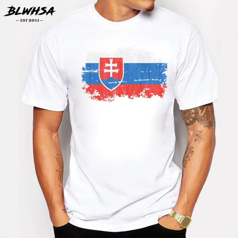 

BLWHSA Top Quality Nostalgic Style Slovakia National Flag Printed T Shirt Men Summer Short Sleeve Cotton Casual Men T-shirt