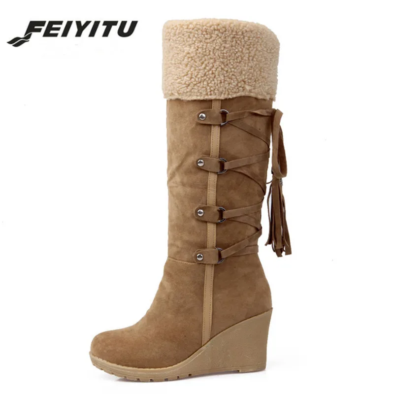

feiyitu Fashion Scrub Plush Snow Boots Women Wedges Knee-high Slip-resistant Boots Thermal Female Cotton-padded Shoes Warm
