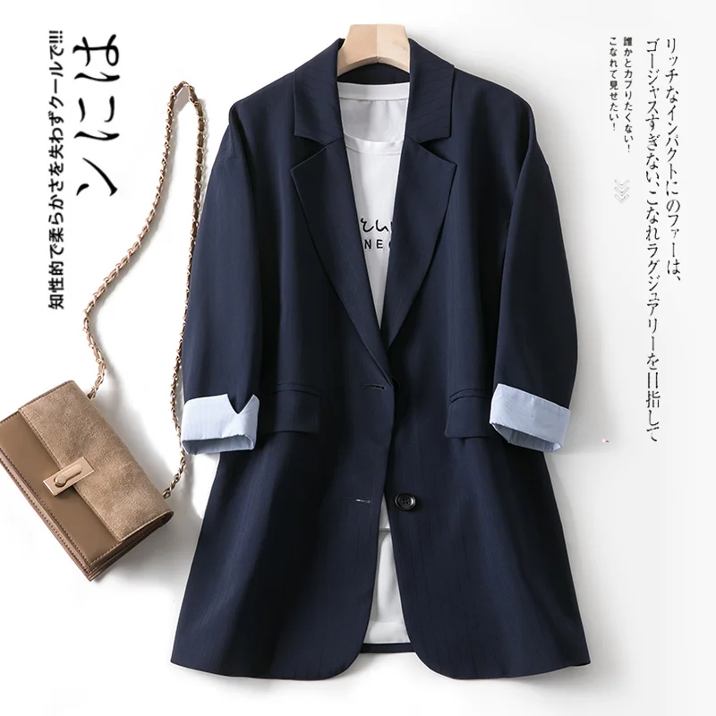 Shuchan Dark Blue Brazer Feminino Single Breasted Solid Women Blazers and Jackets with 3/4 Sleeve Long Blazer Women VS17C139E