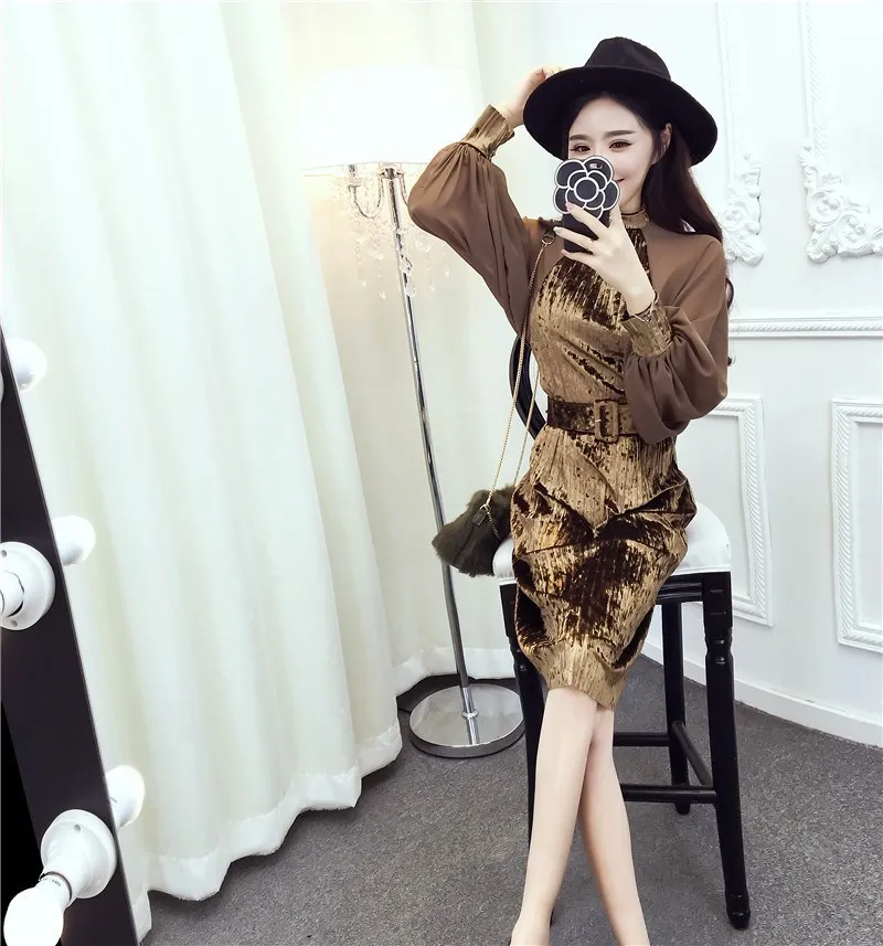 2018 Autumn Fashion Chiffon Lanterns Sleeve Velvet Patchwork Dresses Vintage Sashes Pleated Velvet Dress Dresses