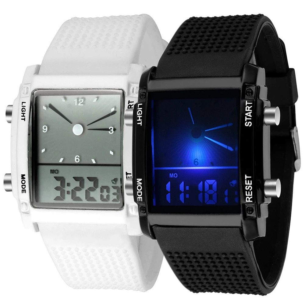 Мужские спортивные наручные часы с квадратным циферблатом и двойным циферблатом, светодиодный Будильник