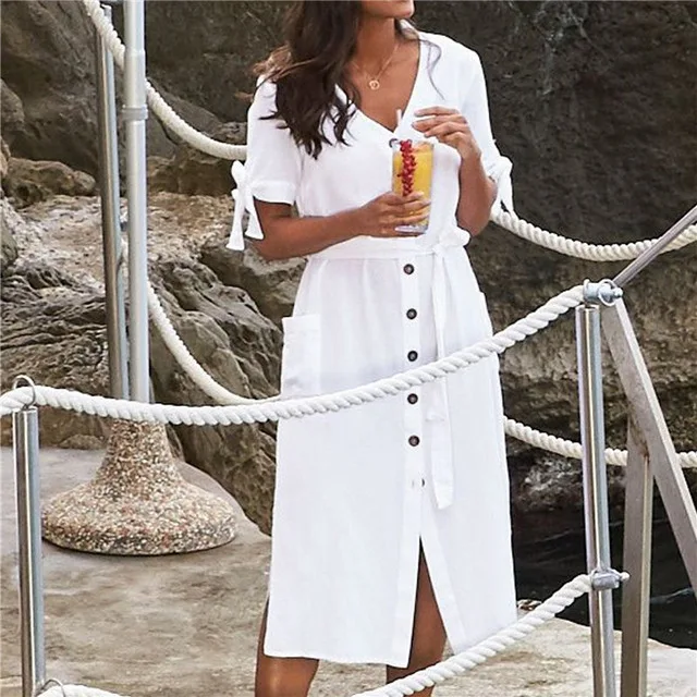 Новинка, модное летнее пляжное платье с v-образным вырезом, пуговицами и бантом спереди, с разрезом по бокам, черная, белая хлопковая туника, женская уличная одежда N811 - Цвет: Белый