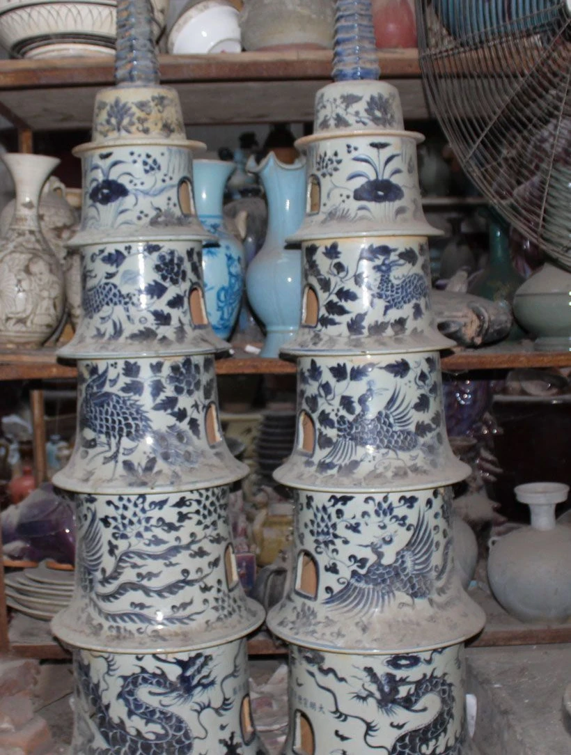 

53" Old White Blue Porcelain Dragon Beast Phoenix Bird Flower Tower Pagoda Pair