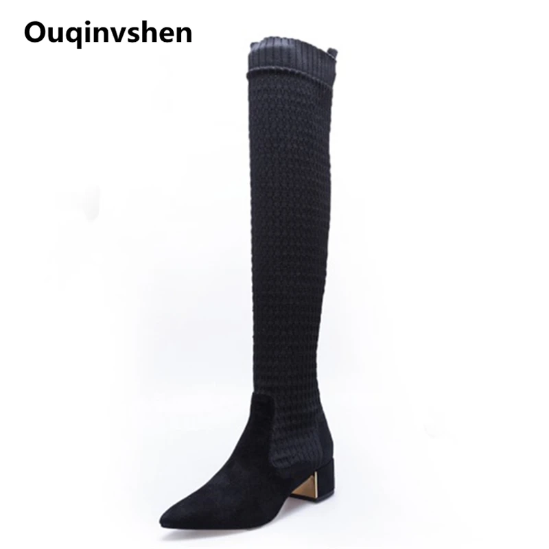 

Ouqinvshen Knitting Sock Boots Women Black Over The Knee Boots Thick Heel Autumn Winter Boots Women Pointed Toe Thigh High Boots