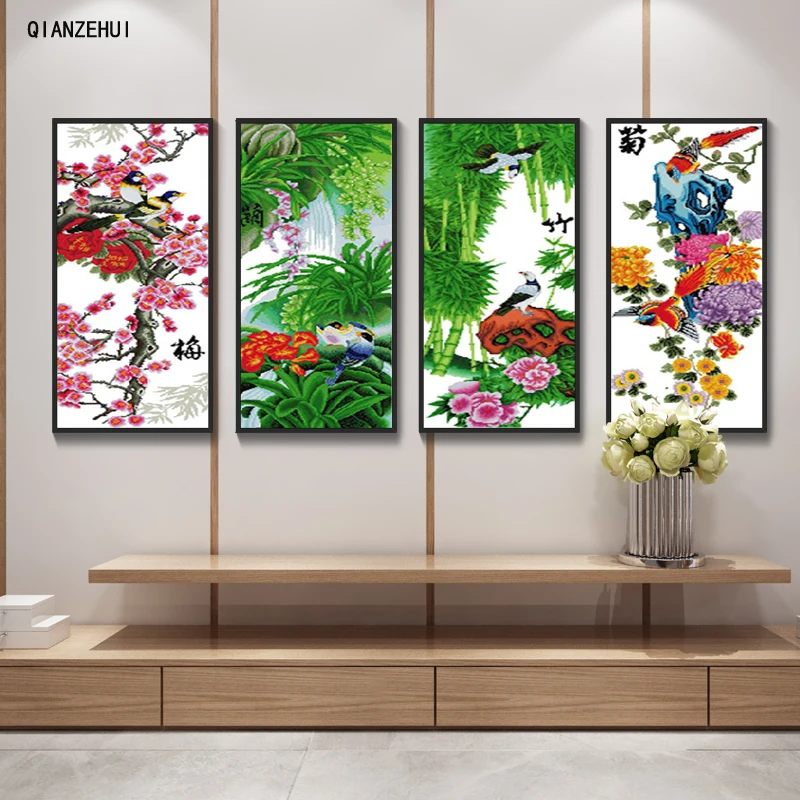 

QIANZEHUI,Needlework,DIY Seasonal views plum ,orchid,bamboo ,chrysanthemu, Cross stitch,Sets For Embroidery kits Cross-Stitching
