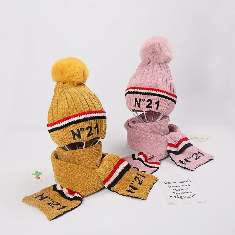 

New Kids Winter Warm Hats Hot baby kids girls boys Woolen Coif Hood Scarf set caps and hats Kinitting hand-woven hat cap scarves