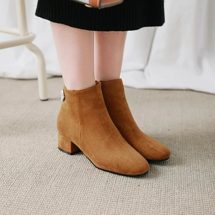 

Big Size 11 12 13 14 Package the heel Medium and thick ankle boots for ladies Side zipper suede Pure color Metal decoration