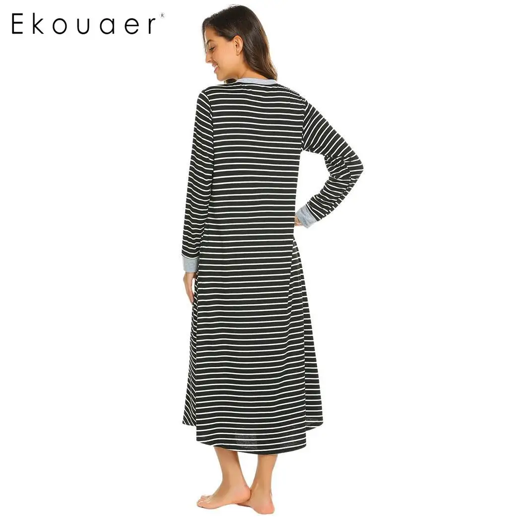 Ekouaer Women Long Nightdress Chemise Nightgown Casua Long l Sleeve V Neck Stripe Sleepwear Nightgown Female Sleepshirts