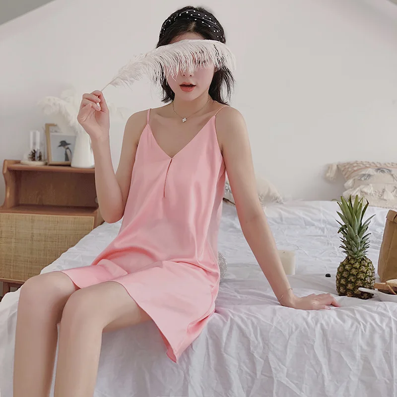 

2019 Summer New Simulation Silk Strap Nightdress Sexy Charming Sling Nightshirt Home Clothing Chemise De Nuit Femme Night Gown