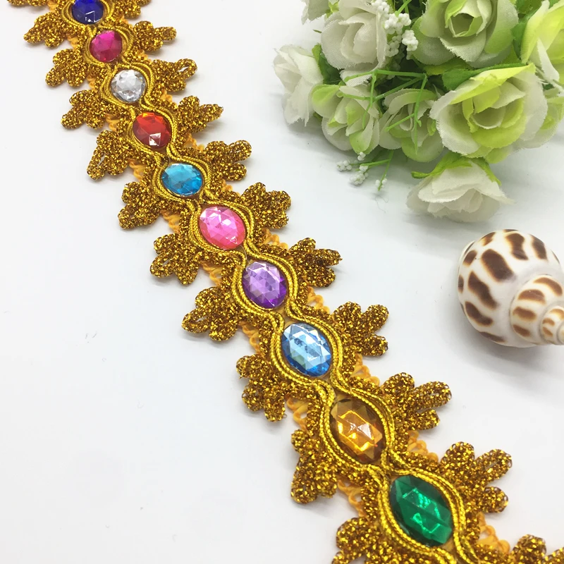 

1 Yards Gemstone Sewing Edge Trim Lace Golden/Silver Ribbon Dress Skirt Wedding Decoration