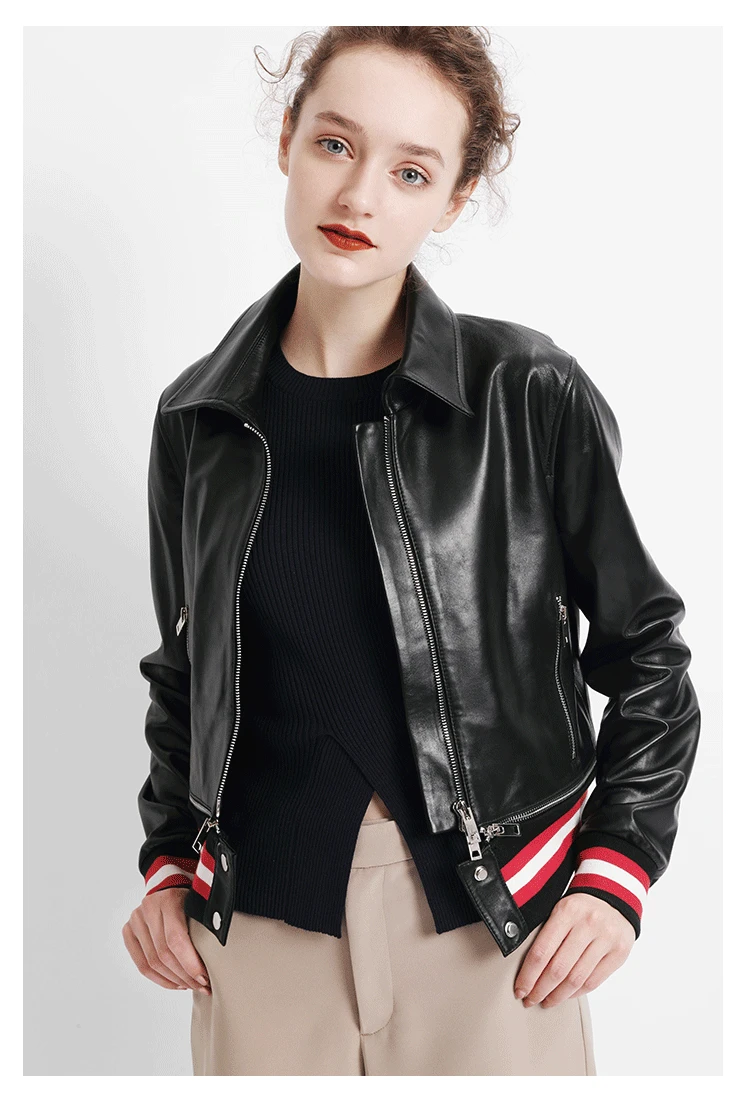 

New arrival 2019 spring autumn sheepskin biker jackets Fashion women's real leather coat A385