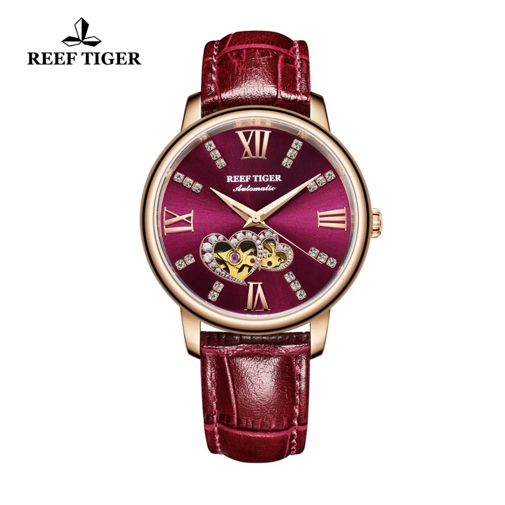 Reef Tiger/RT Top Brand Luxury Ladies Watch Reloj Mujer Women Rose Gold Red Automatic Fashion
