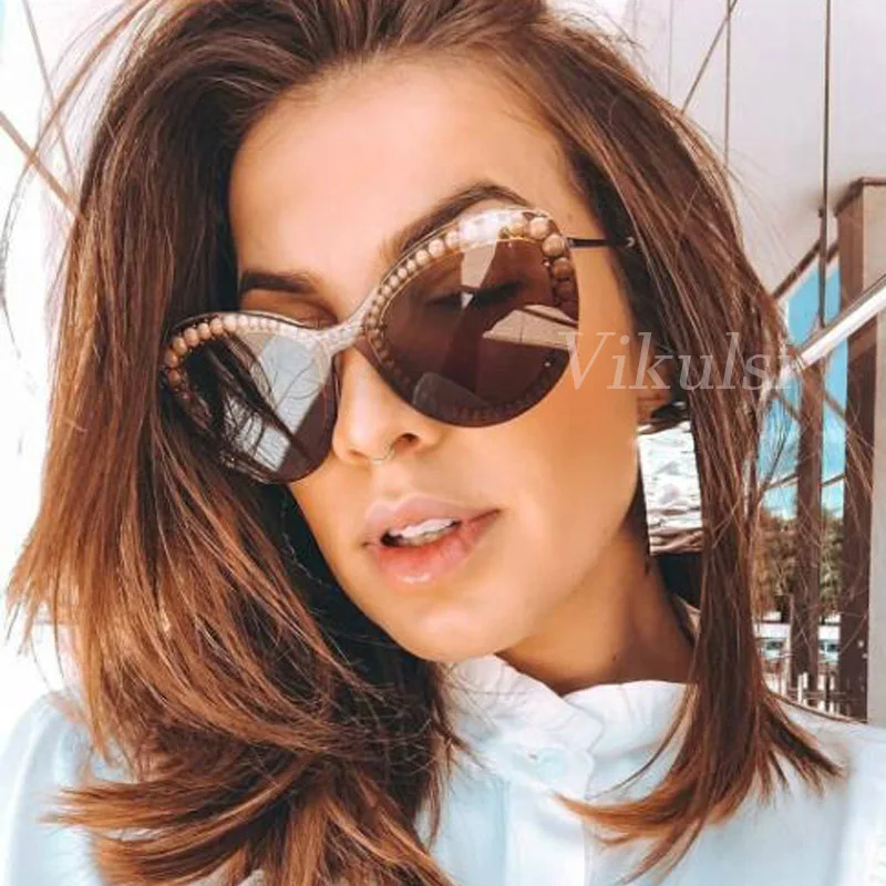 Роскошные женские солнцезащитные очки без оправы в стиле ретро, женские модные брендовые дизайнерские солнцезащитные очки с интегрированным жемчугом для женщин, зеркальные Оттенки UV400